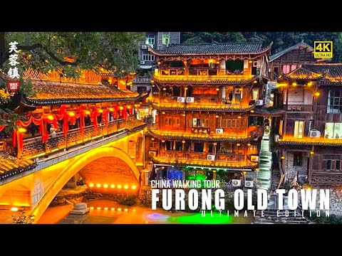 Night Walk In An Ancient Town Hanging On The Waterfall | Furong Town, Hunan, China | 4K HDR | 湘西芙蓉镇